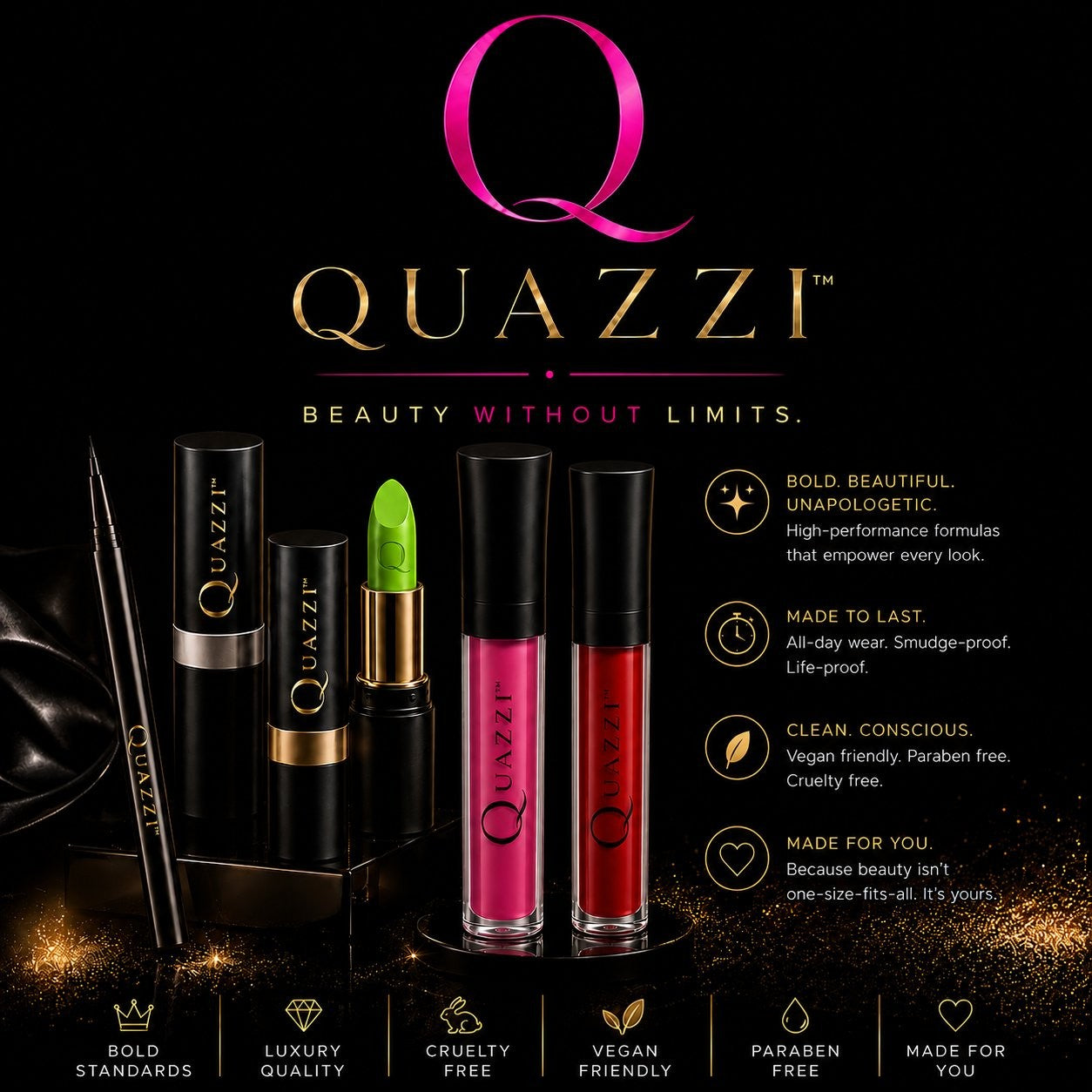 Quazzi Cosmetics lineup: lipstick, lip gloss, eyeliner and glitter lip kit